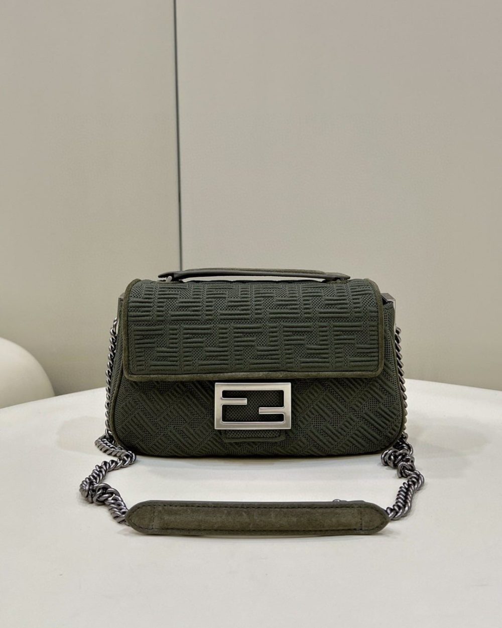 1:1 Replica Fendi Baguette Chain Midi Green FF Fabric Bag For Woman 14.5cm/6in 8BR793AHW5F1F2L