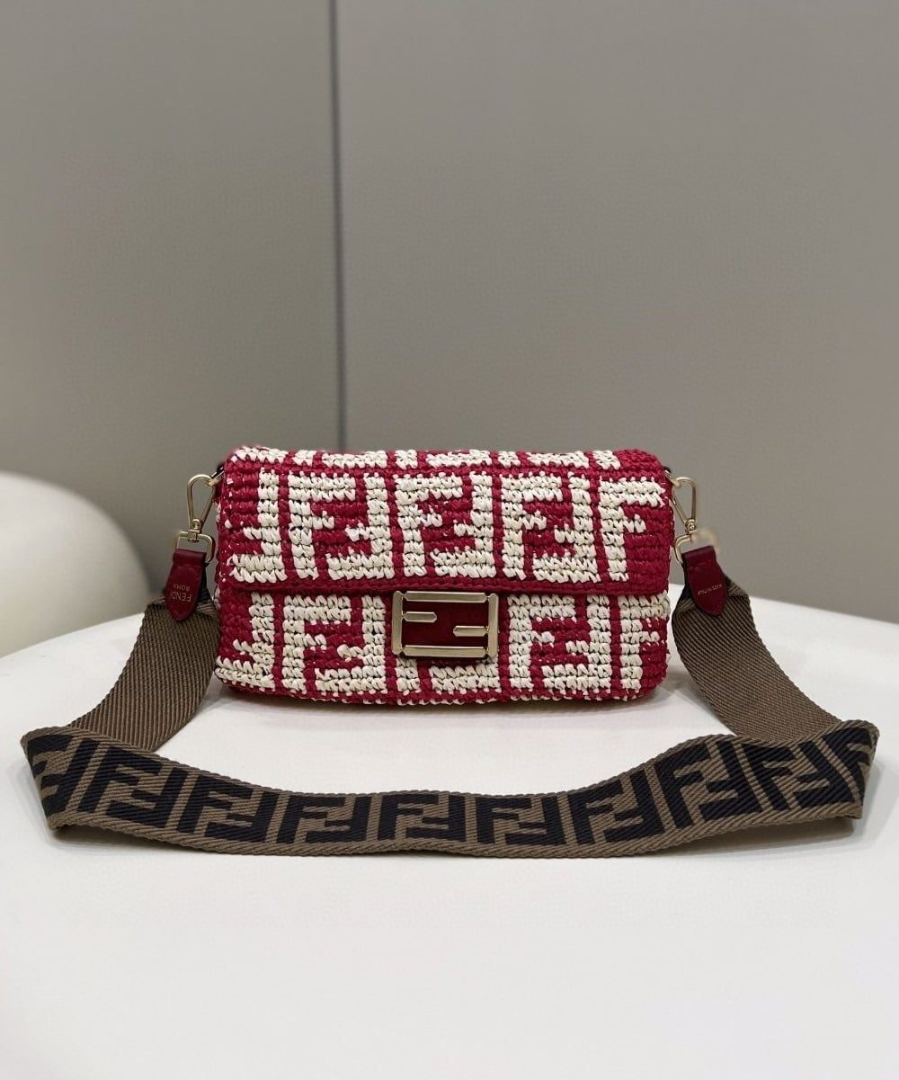 1:1 Replica Fendi Baguette Red raffia back with crocheted FF Bag For Woman 15cm/6in