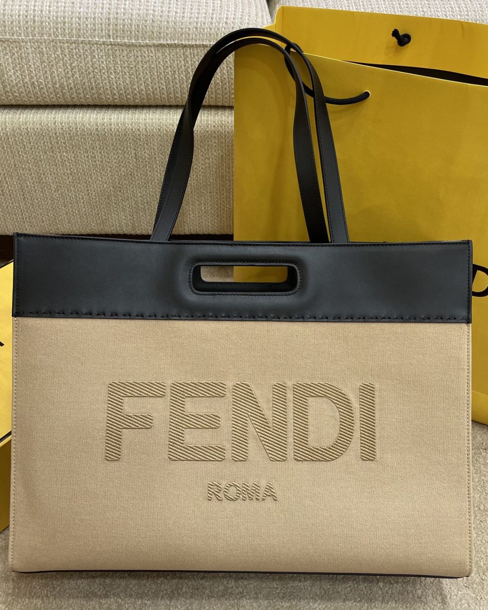 1:1 Replica Fendi Canvas Tote Bag Cream/Black For Women, Women's Handbags 18.1in/46cm FF 7VA480
