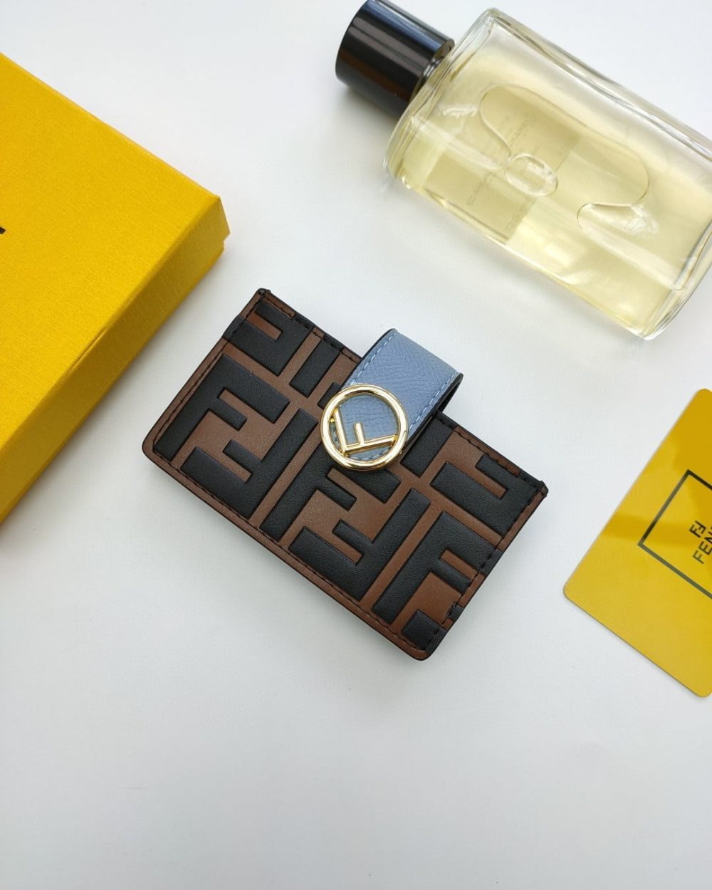 1:1 Replica Fendi Card Holder Brown With Cloud Blue Gusseted Card Holder For Women 4in/10cm FF