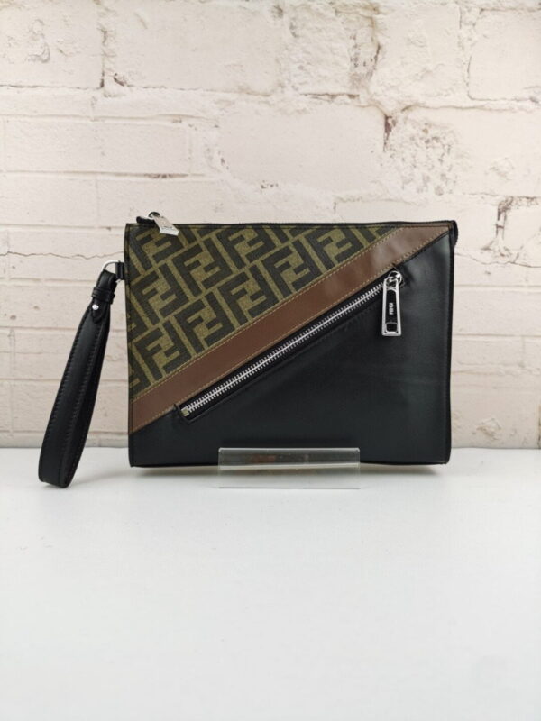 1:1 Replica Fendi Flat Pouch Black Fabric Pouch Grey Stripes For Men 27cm/10.5in FF