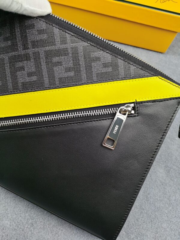 1:1 Replica Fendi Flat Pouch Black Fabric Pouch Yellow Stripes For Men 27cm/10.5in FF 7VA491A9XSF0R2A