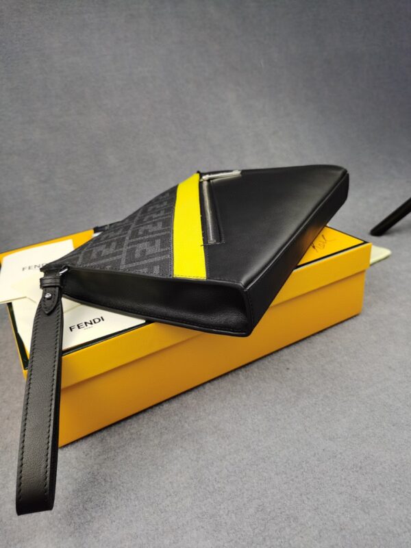 1:1 Replica Fendi Flat Pouch Black Fabric Pouch Yellow Stripes For Men 27cm/10.5in FF 7VA491A9XSF0R2A