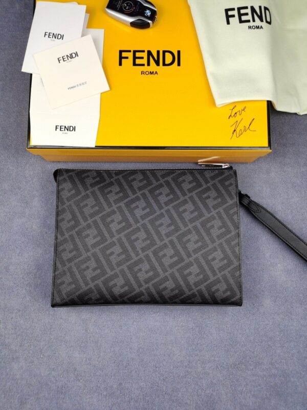1:1 Replica Fendi Flat Pouch Black Fabric Pouch Yellow Stripes For Men 27cm/10.5in FF 7VA491A9XSF0R2A