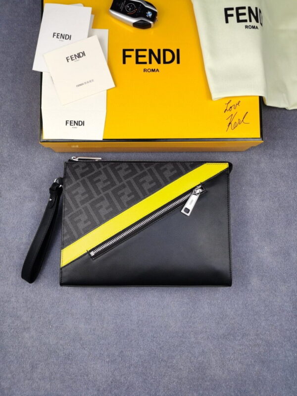 1:1 Replica Fendi Flat Pouch Black Fabric Pouch Yellow Stripes For Men 27cm/10.5in FF 7VA491A9XSF0R2A
