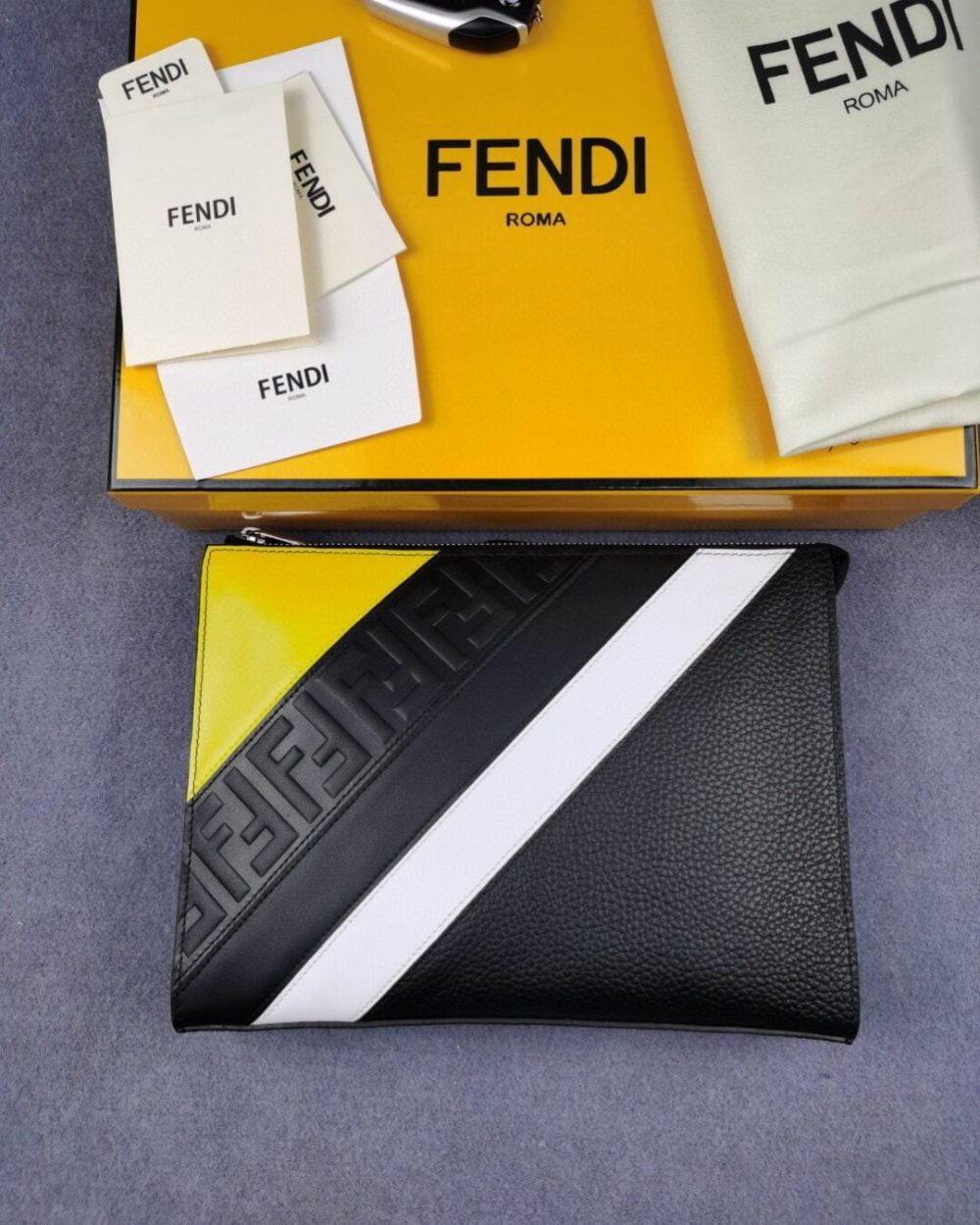 1:1 Replica Fendi Flat Pouch In Black with Silver Hardware For Men 27cm/10.5in FF