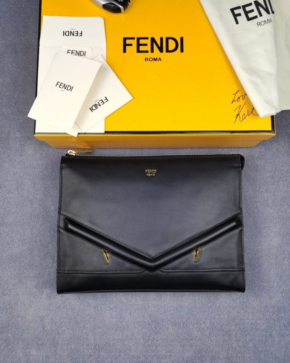 1:1 Replica Fendi Flat Zip Pouch in Black With Gold Toned Metalware For Men 27cm/10.5in FF