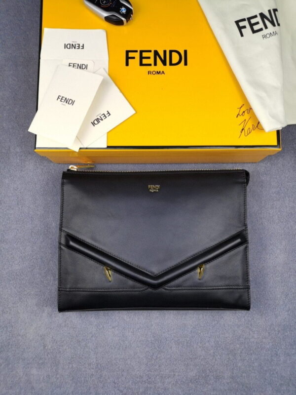 1:1 Replica Fendi Flat Zip Pouch in Black With Gold Toned Metalware For Men 27cm/10.5in FF