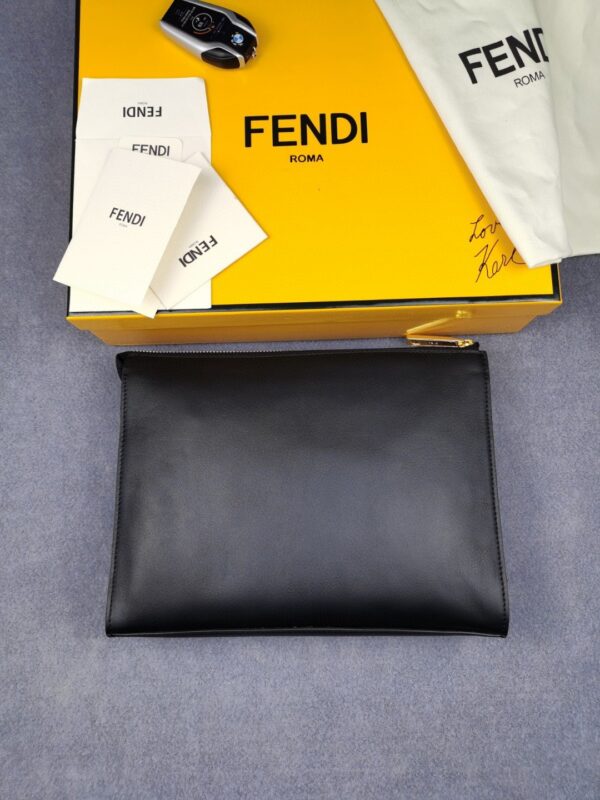 1:1 Replica Fendi Flat Zip Pouch in Black With Gold Toned Metalware For Men 27cm/10.5in FF