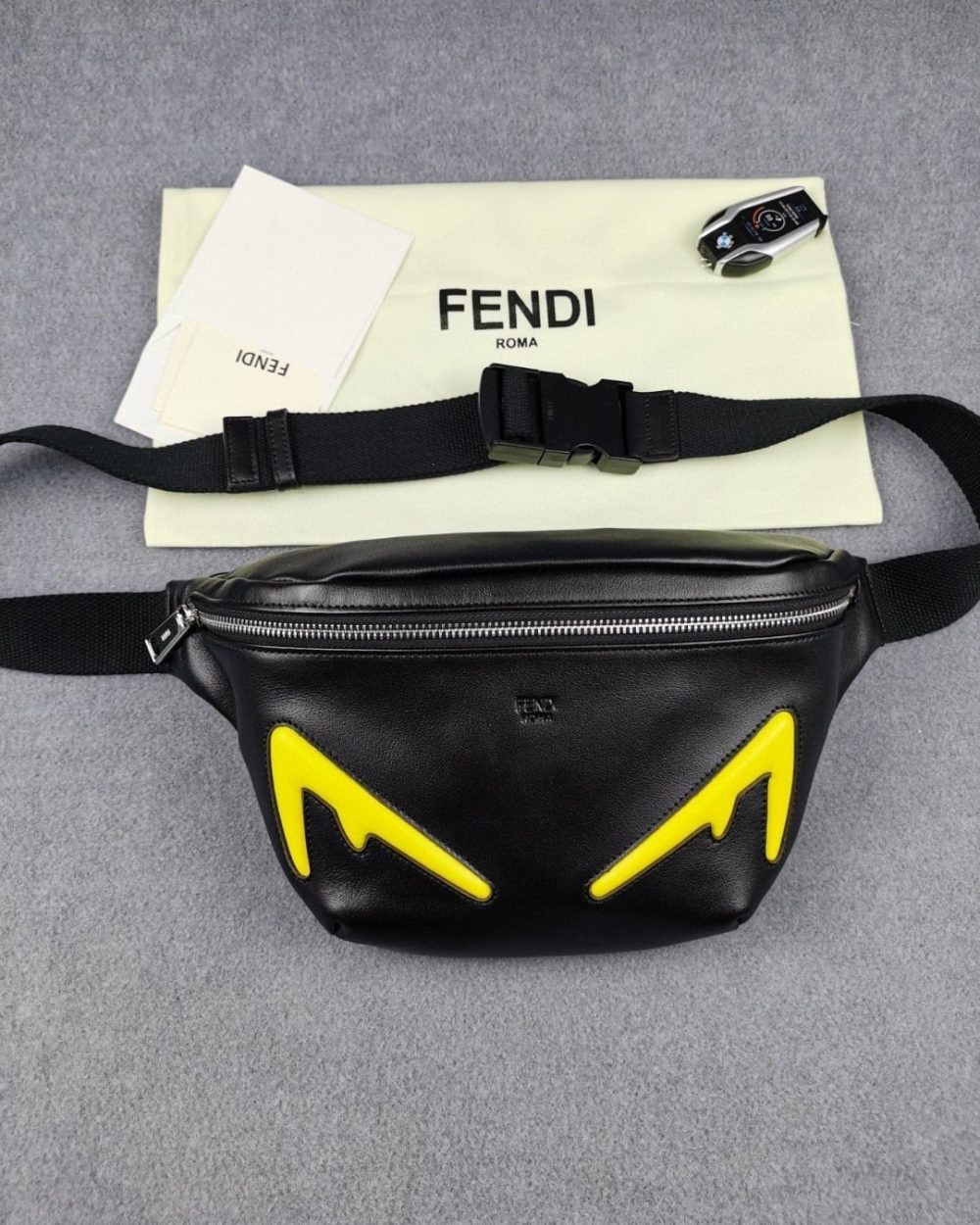 1:1 Replica Fendi Little Monster Belt Bag Black/Yellow For Men, Men's Bags 7.9in/20cm FF