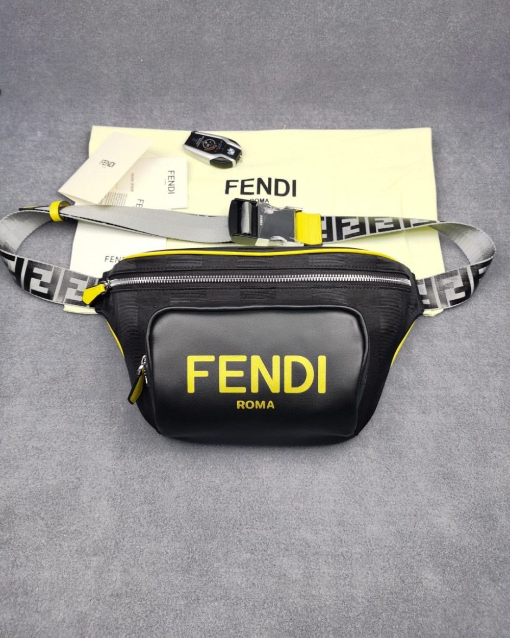 1:1 Replica Fendi Little Monster Belt Bag Black/Yellow/Gray For Men, Men's Bags 7.9in/20cm FF