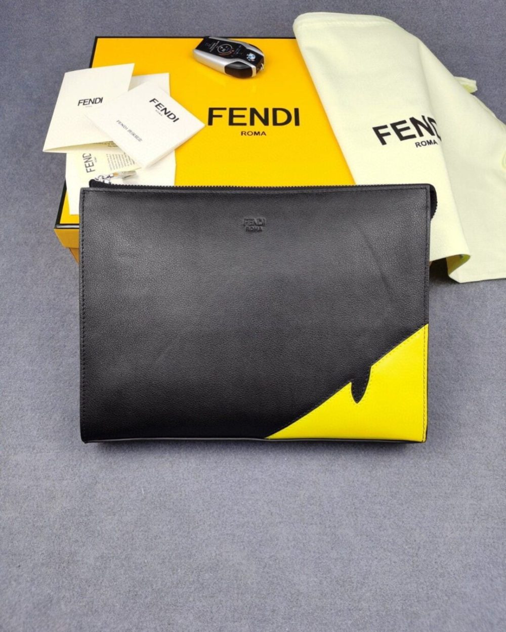 1:1 Replica Fendi Monster Eyes Camera Flat Zip Pounch Black, Yellow For Men 27cm/10.5in FF
