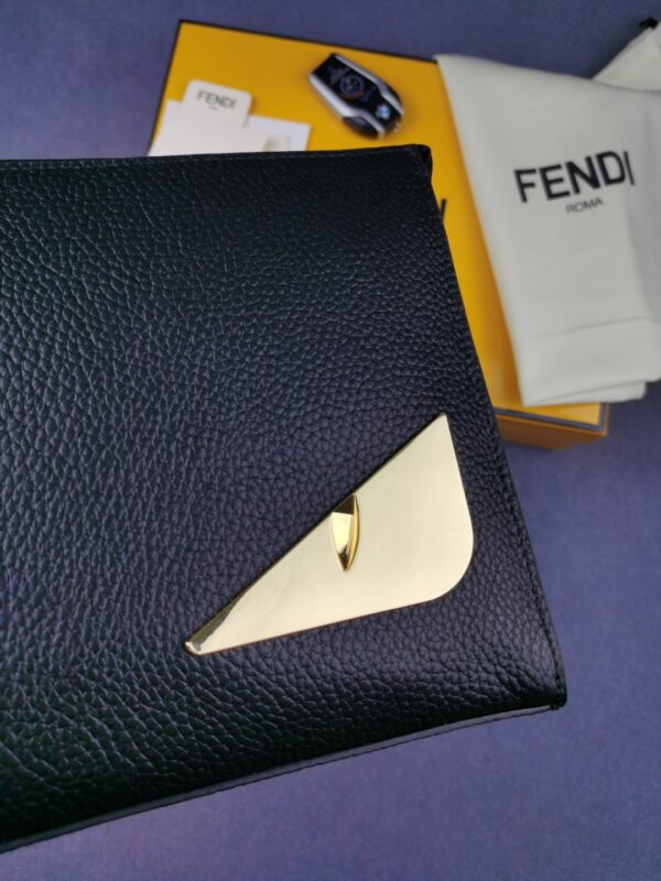 1:1 Replica Fendi Monster Eyes Flat Zip Pound Clutch in Black with Gold Toned Hardware For Men 27cm/10.5in FF