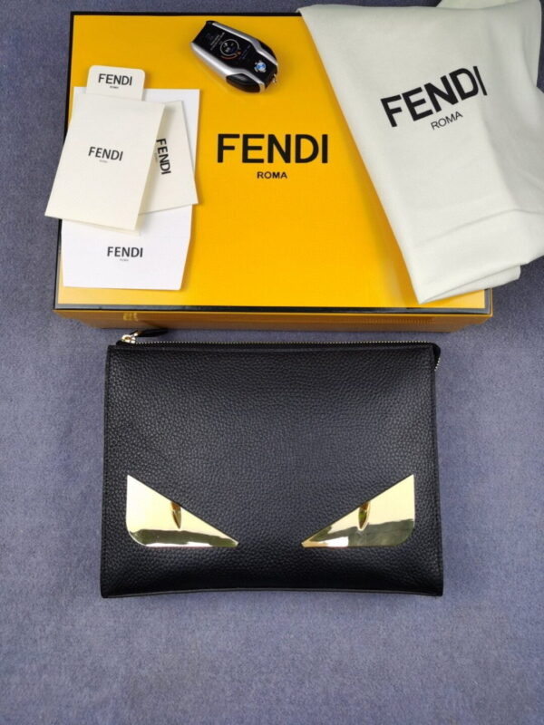 1:1 Replica Fendi Monster Eyes Flat Zip Pound Clutch in Black with Gold Toned Hardware For Men 27cm/10.5in FF
