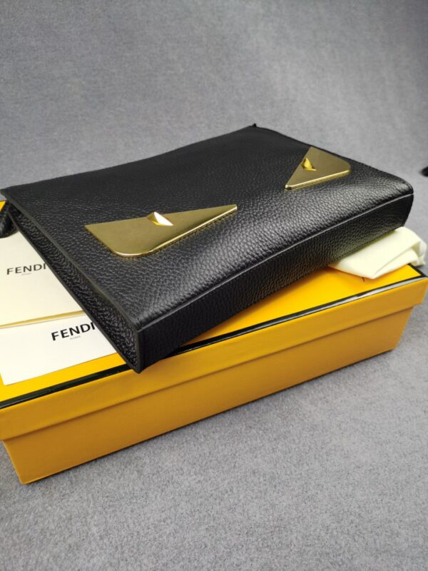 1:1 Replica Fendi Monster Eyes Flat Zip Pound Clutch in Black with Gold Toned Hardware For Men 27cm/10.5in FF