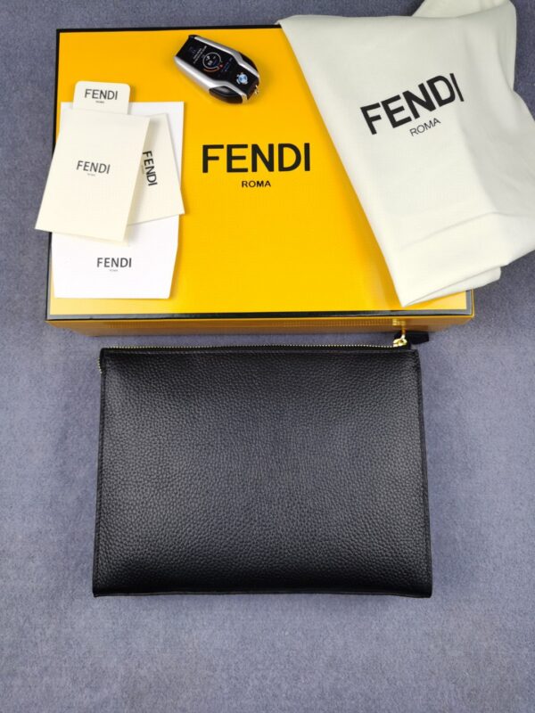 1:1 Replica Fendi Monster Eyes Flat Zip Pound Clutch in Black with Gold Toned Hardware For Men 27cm/10.5in FF