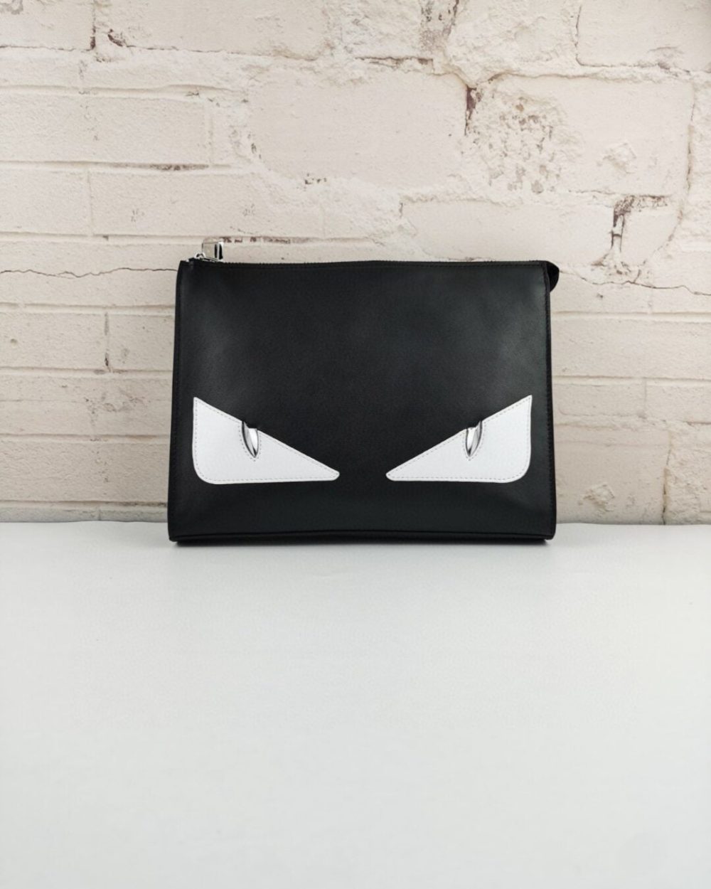1:1 Replica Fendi Monster Eyes Flat Zip Pound Clutch in Black with Silver Hardware For Men 27cm/10.5in FF