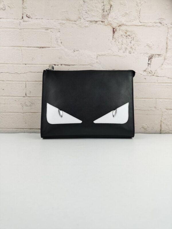 1:1 Replica Fendi Monster Eyes Flat Zip Pound Clutch in Black with Silver Hardware For Men 27cm/10.5in FF