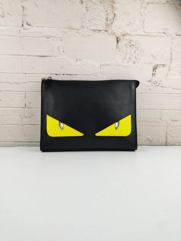 1:1 Replica Fendi Monster Eyes Flat Zip Pound Clutch in Black Yellow Eyes with Silver Hardware For Men 27cm/10.5in FF