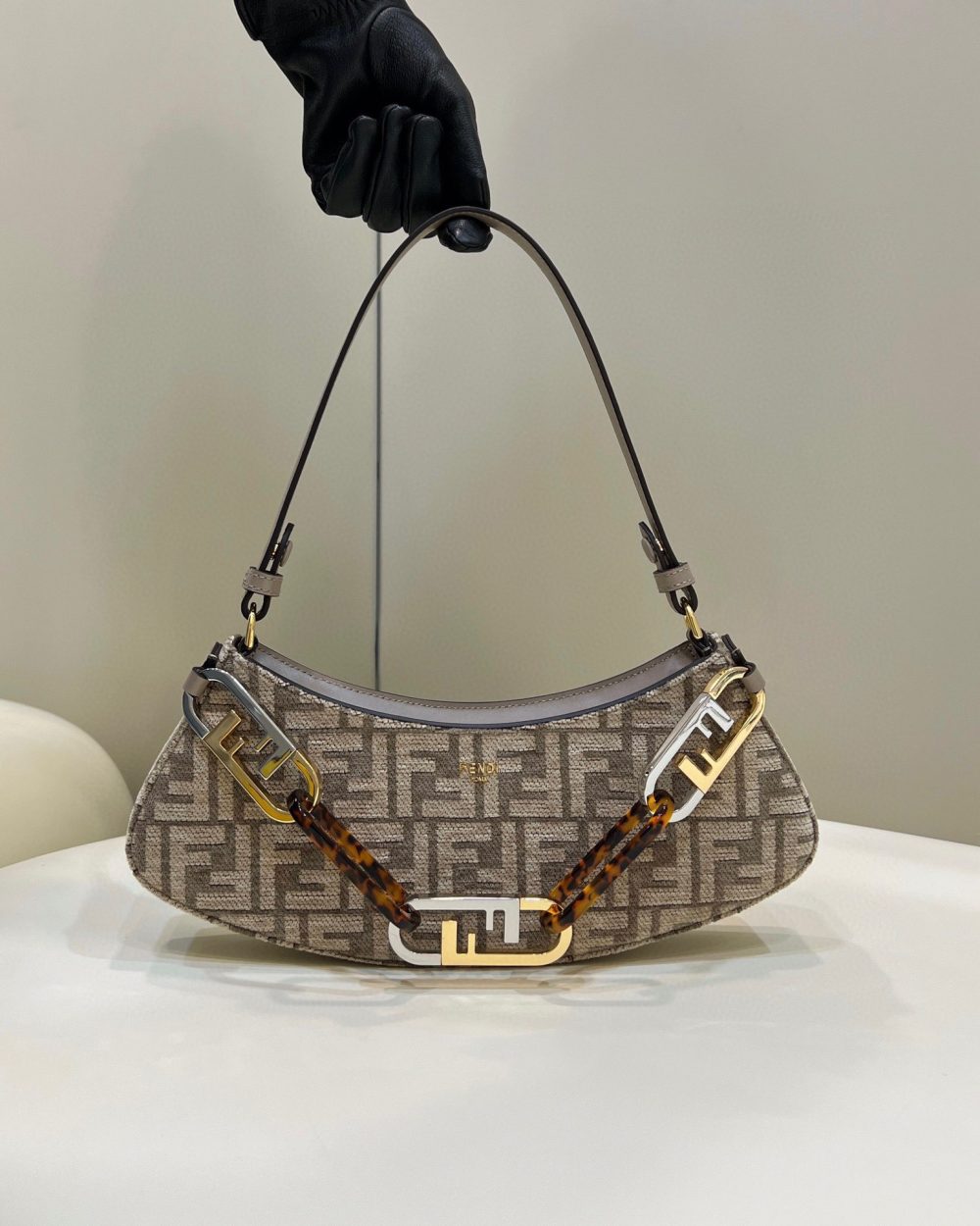 1:1 Replica Fendi O’Lock Swing Dove Gray Tapestry Fabric Bag For Woman 32cm/12in