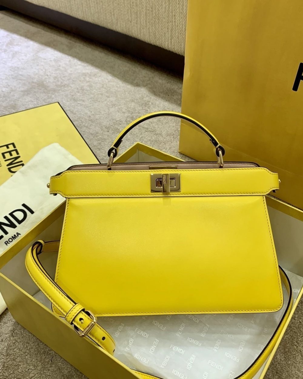 1:1 Replica Fendi Peekaboo ISeeU East-West Yellow For Women, Women's Handbags 11.4in/29cm FF 8BN323