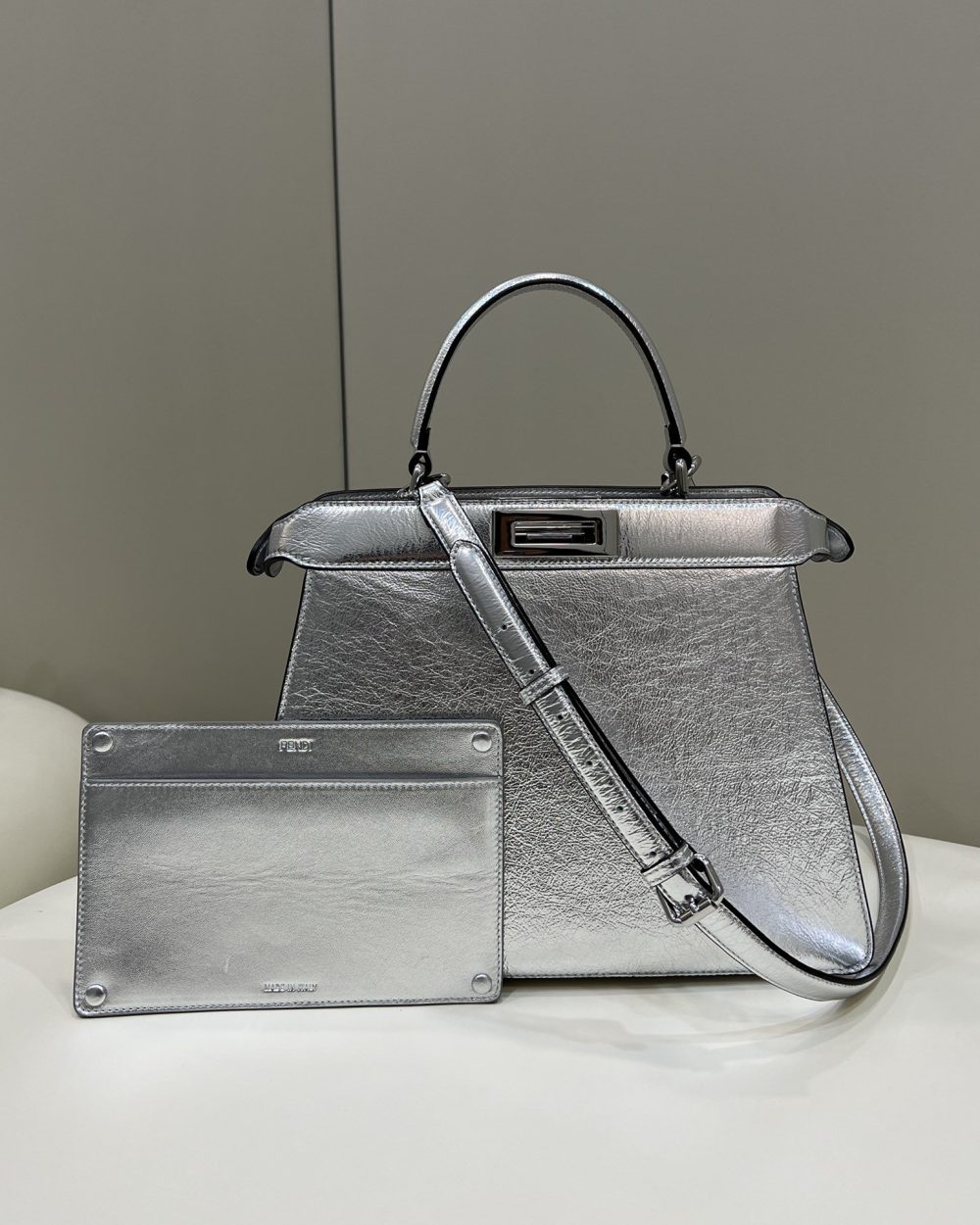 1:1 Replica Fendi Peekaboo Medium Silver Bag For Woman 33cm/13in