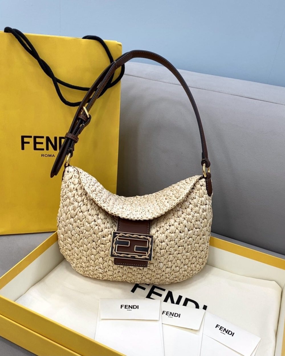 1:1 Replica Fendi Small Croissant Hobo Bag Raffia For Women, Women's Handbags, Shoulder Bags 11.4in/29cm FF 8BR790AFGJF1E1B
