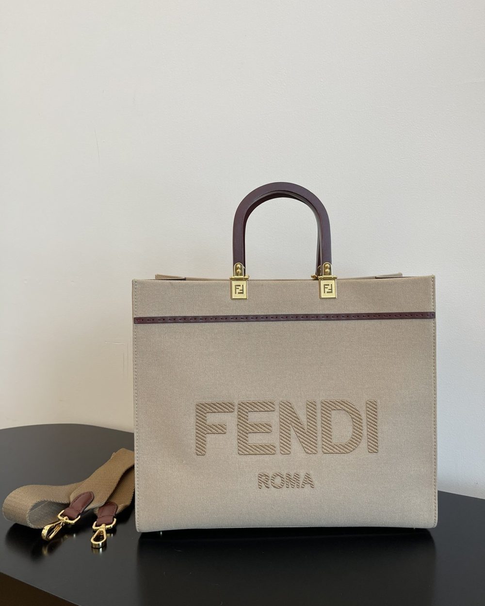 1:1 Replica Fendi Sunshine Medium Tote Bag Beige Canvas For Women, Women's Bags, Shoulder Bags 13.8in/35cm FF 8BH386