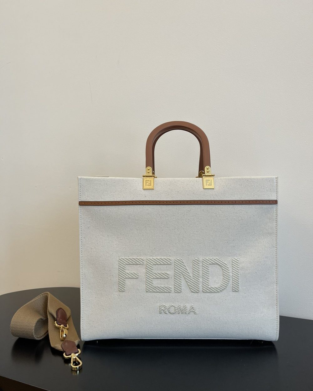 1:1 Replica Fendi Sunshine Medium Tote Bag Light Grey Canvas For Women, Women's Bags, Shoulder Bags 13.8in/35cm FF 8BH386