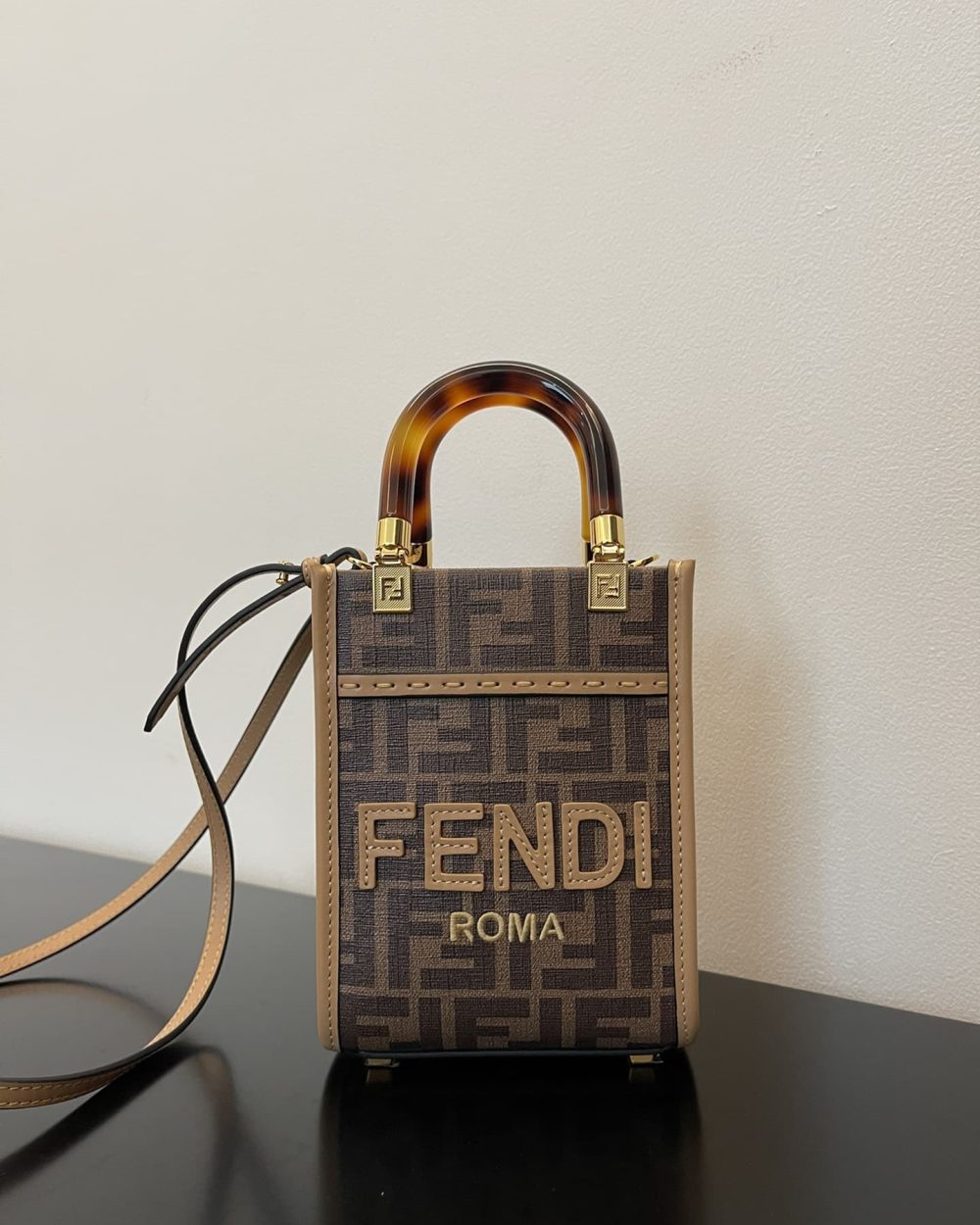 1:1 Replica Fendi Sunshine Shopper Brown FF Fabric Brown Mini Bag For Woman 13cm/5in