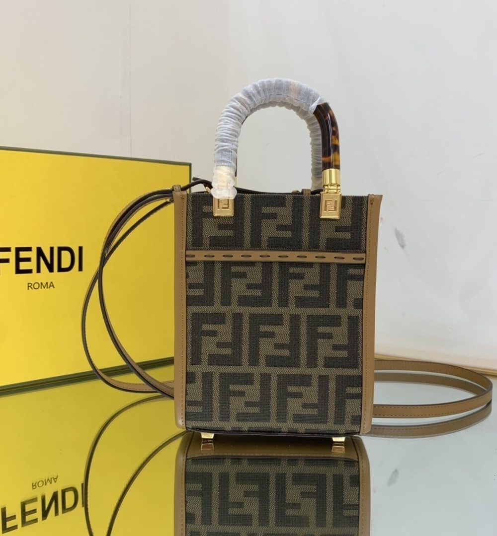 1:1 Replica Fendi Sunshine Shopper Brown FF Fabric Mini Bag For Woman 13cm/5in