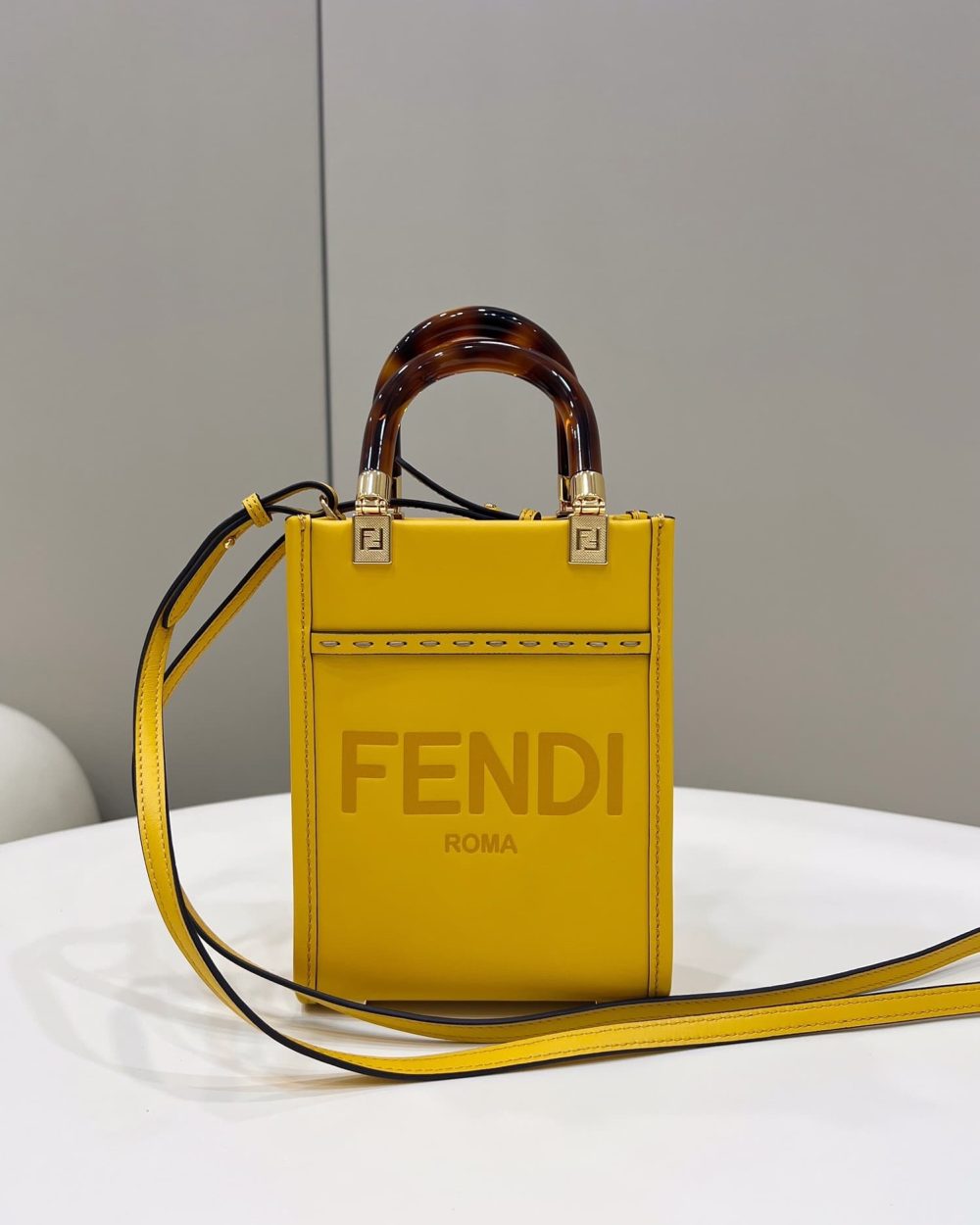 1:1 Replica Fendi Sunshine Shopper Yellow Mini Bag For Woman 13cm/5in
