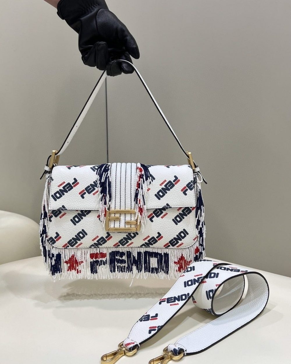 1:1 Replica FENDI x FILA Mania Beaded Baguette Multicolour Bag For Woman 26cm/10in