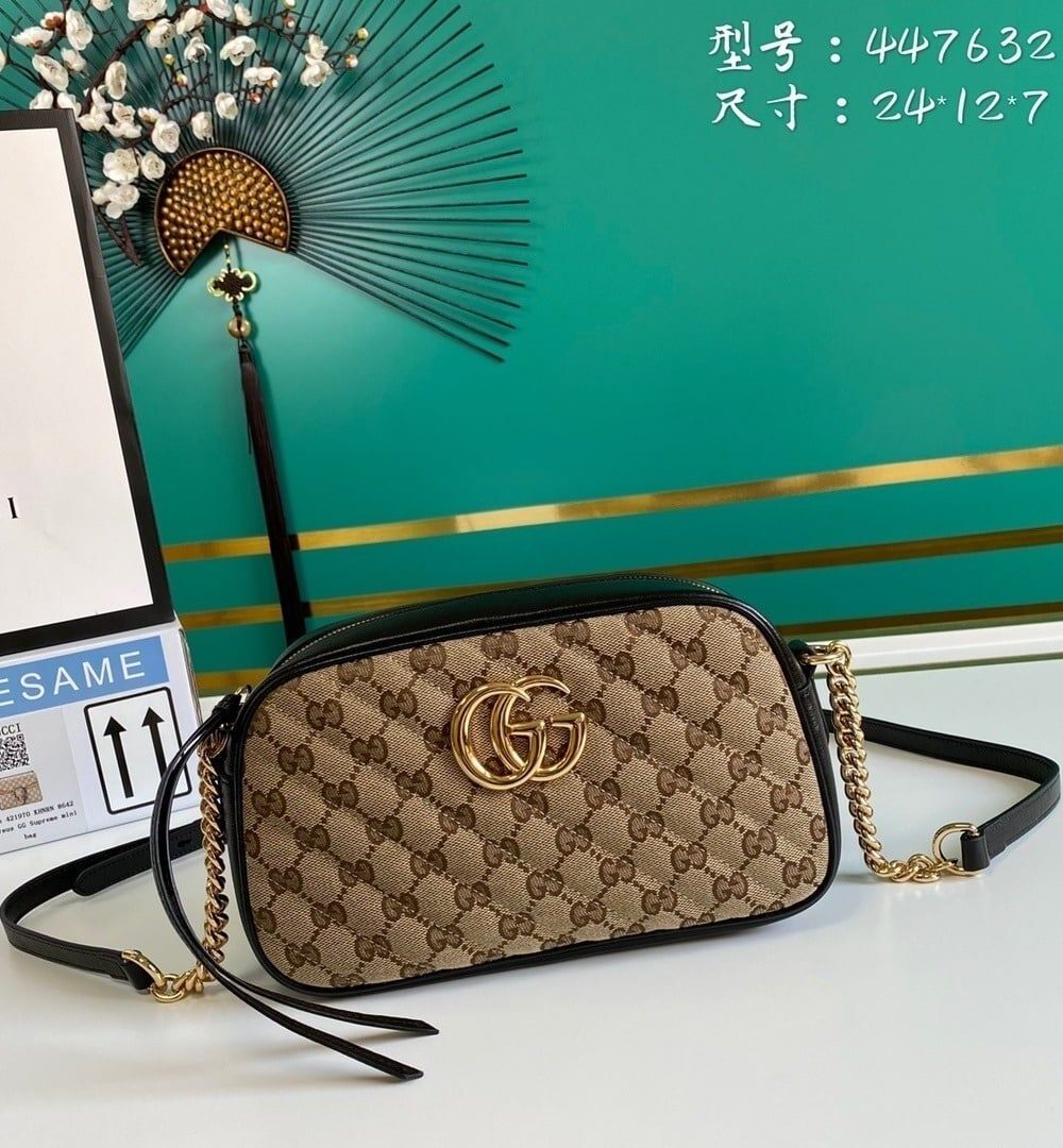 1:1 Replica GG Marmont Small Shouder Bag Beige/Ebony Diagonal Matelassé Original GG Canvas For Women 10in/24cm 447632 HVKEG 9772