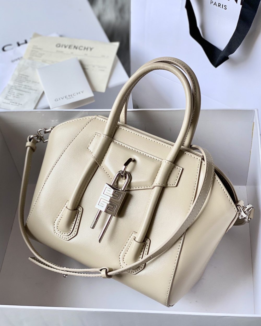 Givenchy Mini Antigona Lock Bag Beige For Women, Women's Handbags, Shoulder Bags 8.7in/22cm GVC