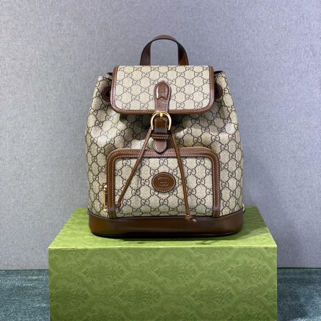 1:1 Replica Gucci Backpack With Interlocking G Beige And Ebony GG Supreme Canvas Brown 11.8in/30cm GG 674147 92THG 8563