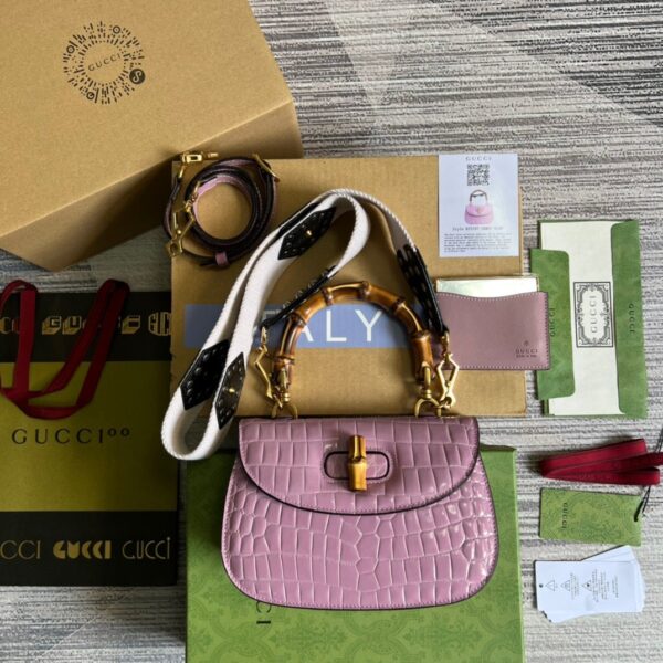 1:1 Replica Gucci Bamboo 1947 Crocodile Top Handle Bag Pink For Women, Women's Bags 10.2in/26cm GG