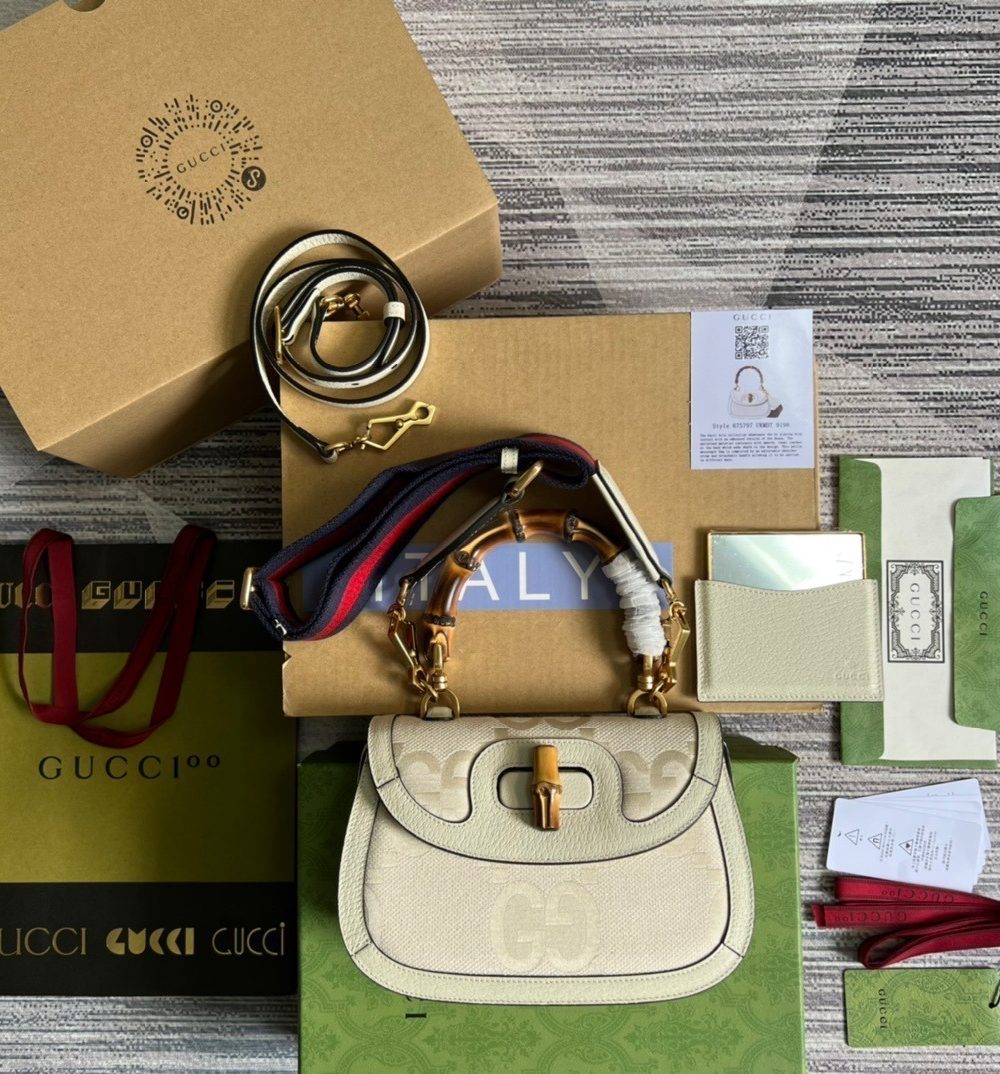 1:1 Replica Gucci Bamboo 1947 Medium  Top Handle Bag White For Women, Women's Bags 10.2in/26cm GG