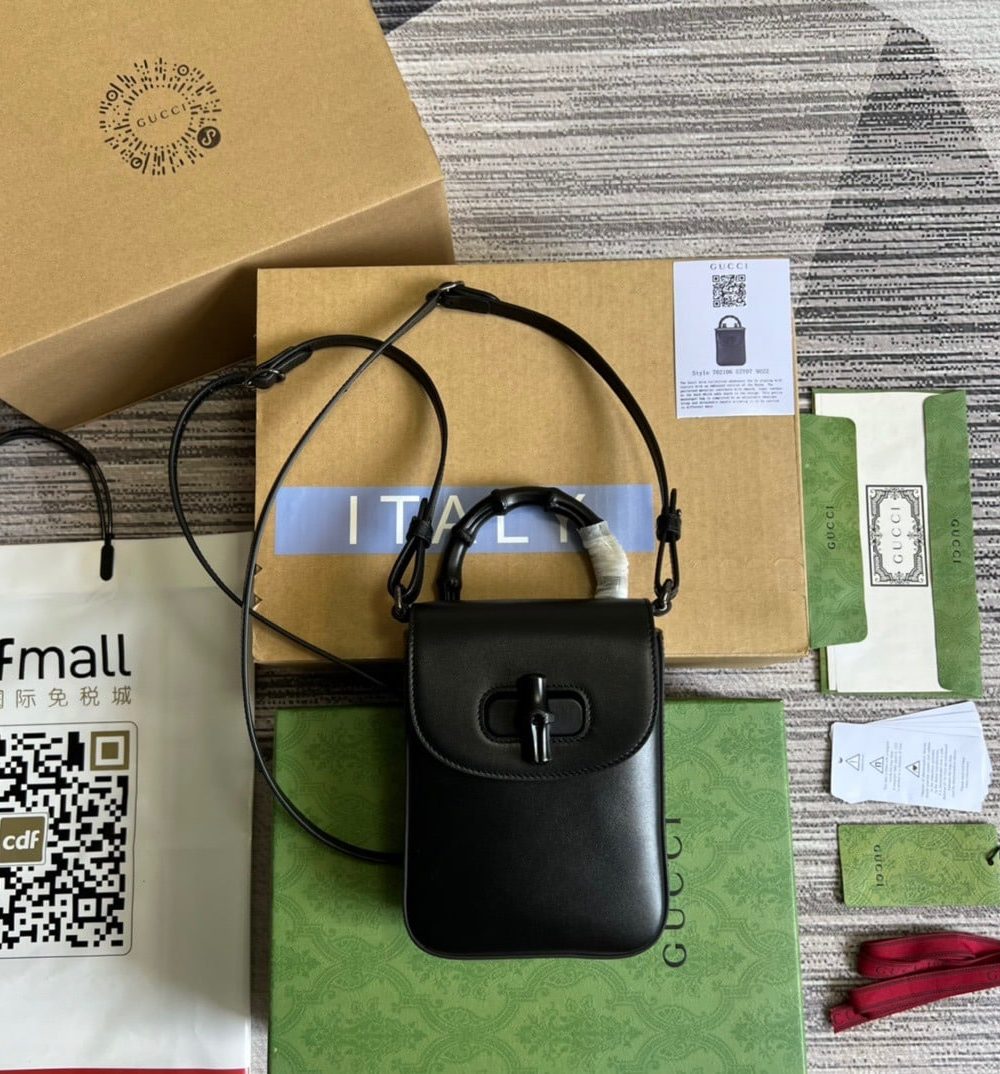 1:1 Replica Gucci Bamboo Mini Handbag Black For Women, Women's Bags 6.2in/16cm GG