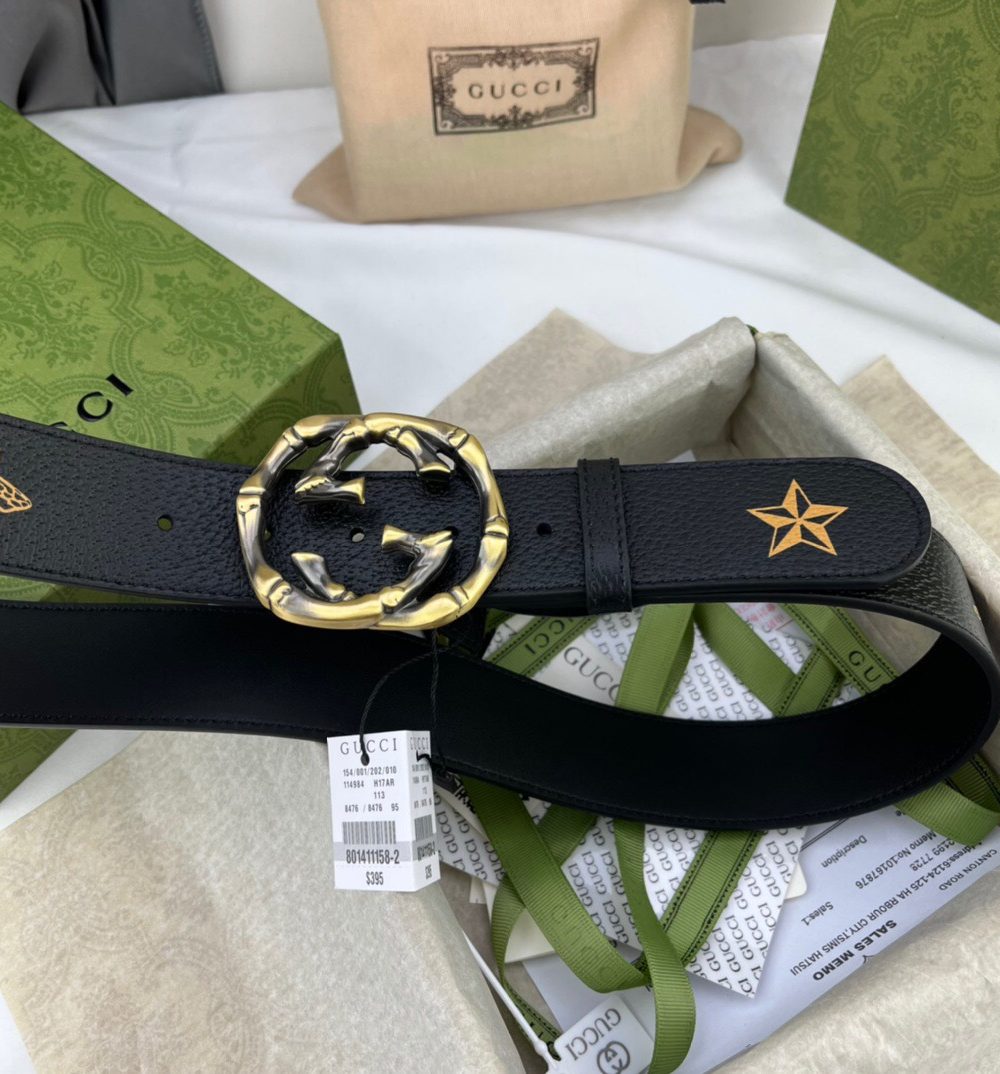 1:1 Replica Gucci Belt With Bee And Star Pattern And Interlocking G Buckle Black For Women, Women Belt