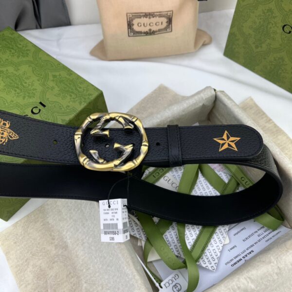 1:1 Replica Gucci Belt With Bee And Star Pattern And Interlocking G Buckle Black For Women, Women Belt