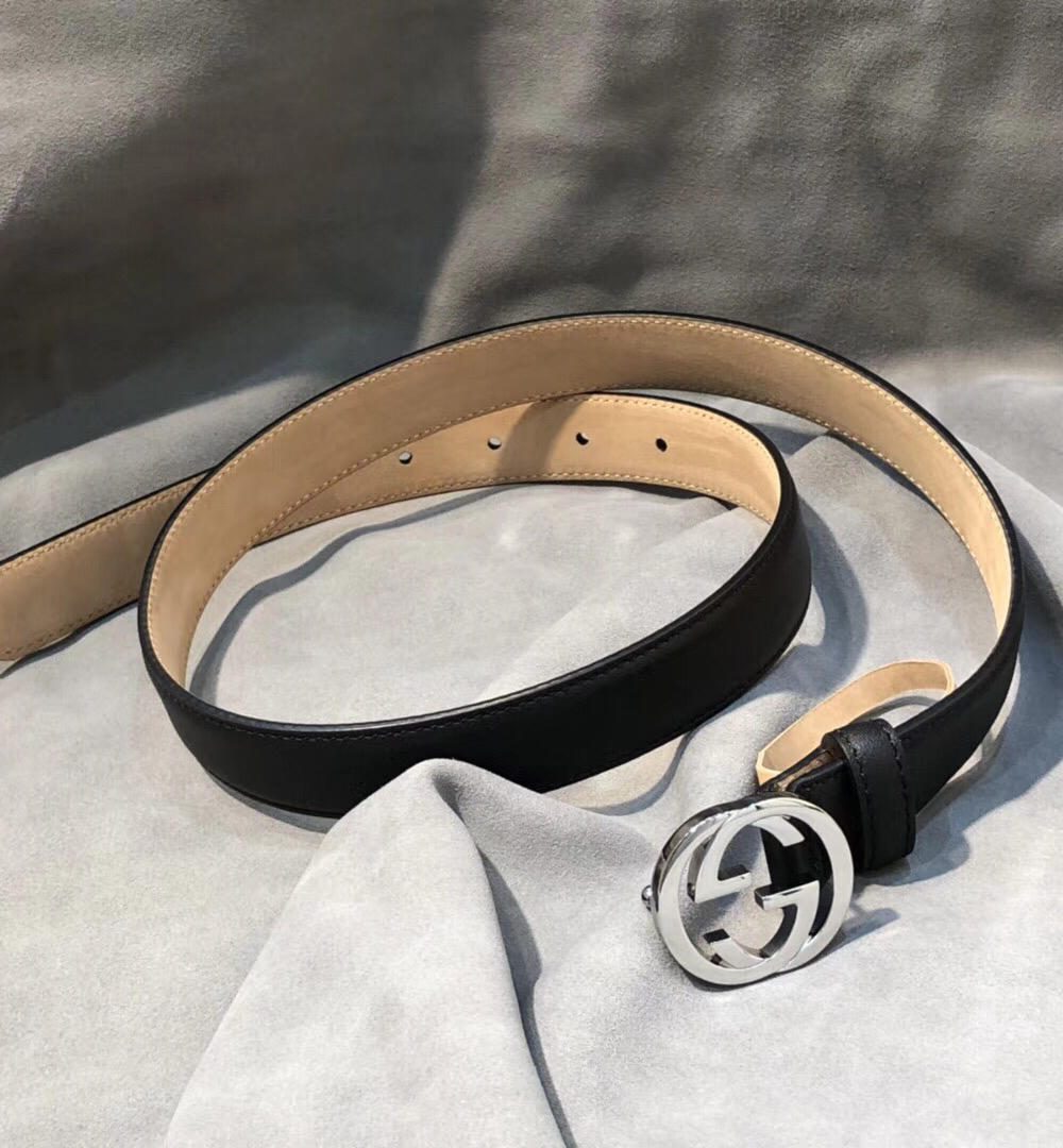1:1 Replica Gucci Belt With Interlocking G Buckle Black/Cream GG, Women Belt 370717