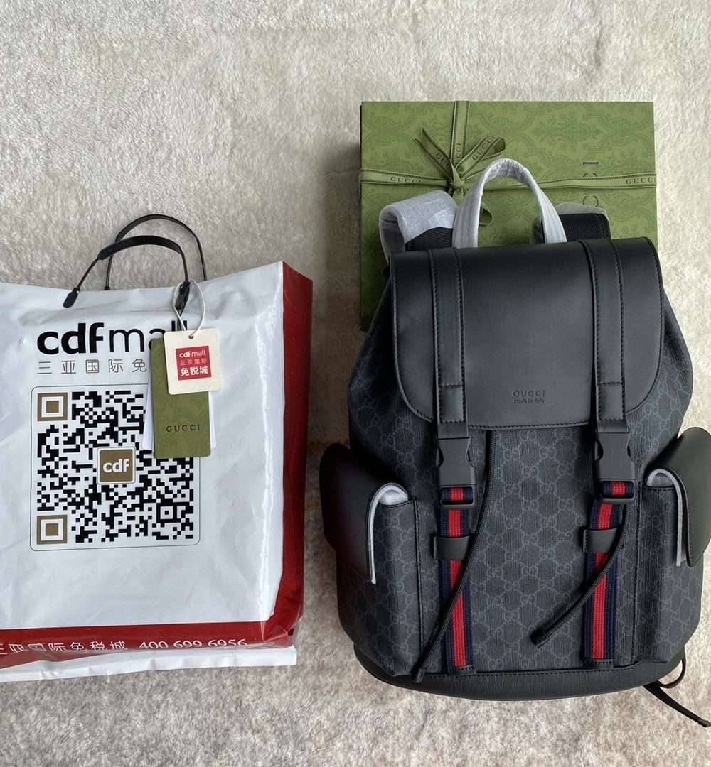 1:1 Replica Gucci Black Backpack Black/Grey Soft GG Supreme Blue And Red Web For Men 16.5in/42cm 495563 K9R8X 1071