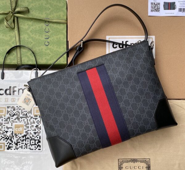 1:1 Replica Gucci Black Messenger Black/Grey GG Supreme Canvas Blue And Red Web For Men 14in/35cm 474139 K5ICN 1095