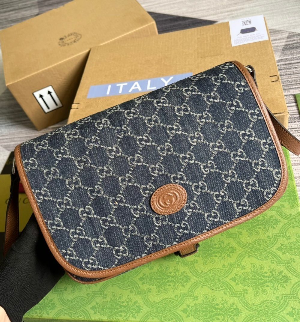 1:1 Replica Gucci Children's GG Messenger Bag Dark Blue And Ivory Eco Washed Organic GG Jacquard Denim For Women 11.4in/29cm GG