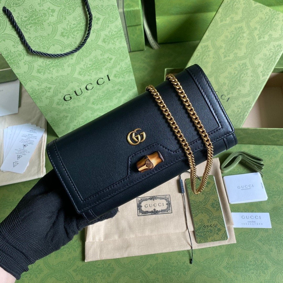 1:1 Replica Gucci Diana Chain Wallet With Bamboo Black For Women, Women's Bags 7.4in/19cm GG 658243 17Q0T 1000