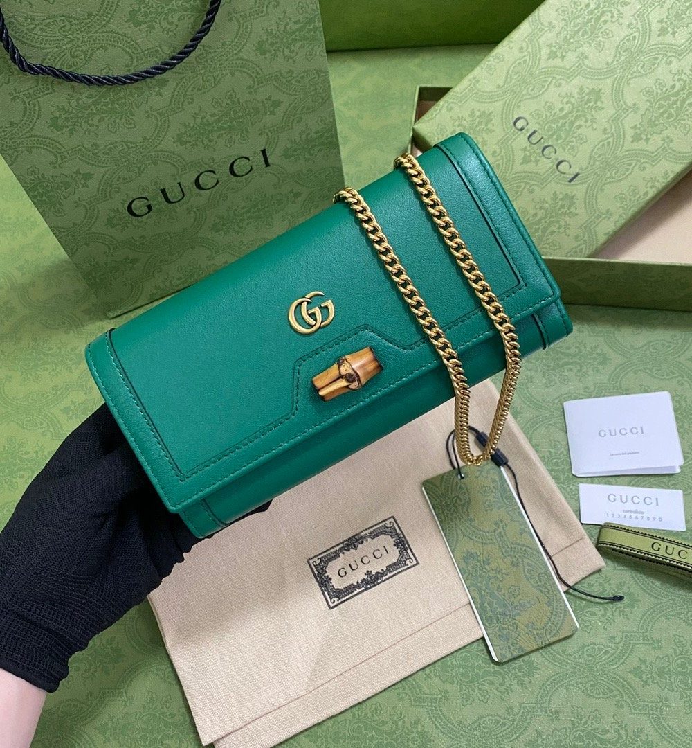 1:1 Replica Gucci Diana Chain Wallet With Bamboo Green For Women, Women's Bags 7.4in/19cm GG