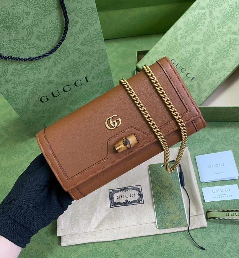1:1 Replica Gucci Diana Chain Wallet With Bamboo Red For Women, Women's Bags 7.4in/19cm GG