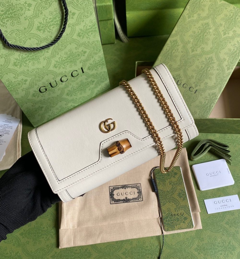1:1 Replica Gucci Diana Chain Wallet With Bamboo White For Women, Women's Bags 7.4in/19cm GG 658243 17Q0T 9022