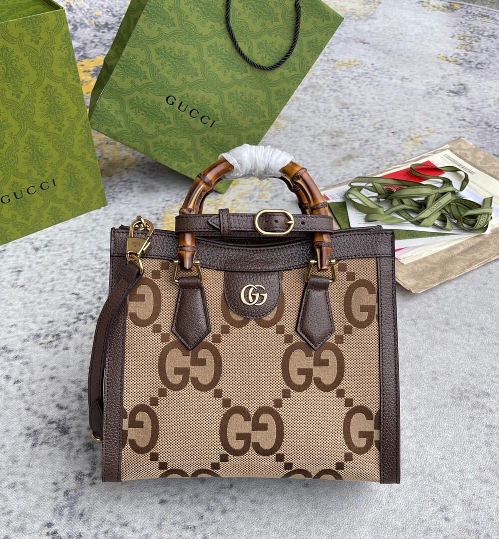 1:1 Replica Gucci Diana Jumbo GG Small Tote Bag Camel And Ebony Jumbo GG Canvas Brown For Women 11in/28cm 660195 UKMFT 2672